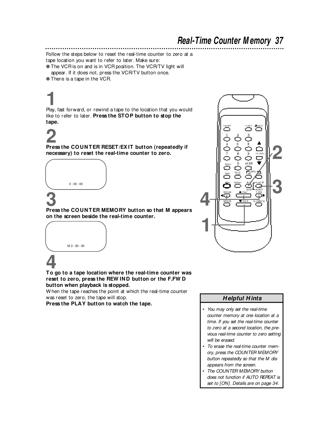 Magnavox SVB106 owner manual Real-Time Counter Memory, Press the Play button to watch the tape 