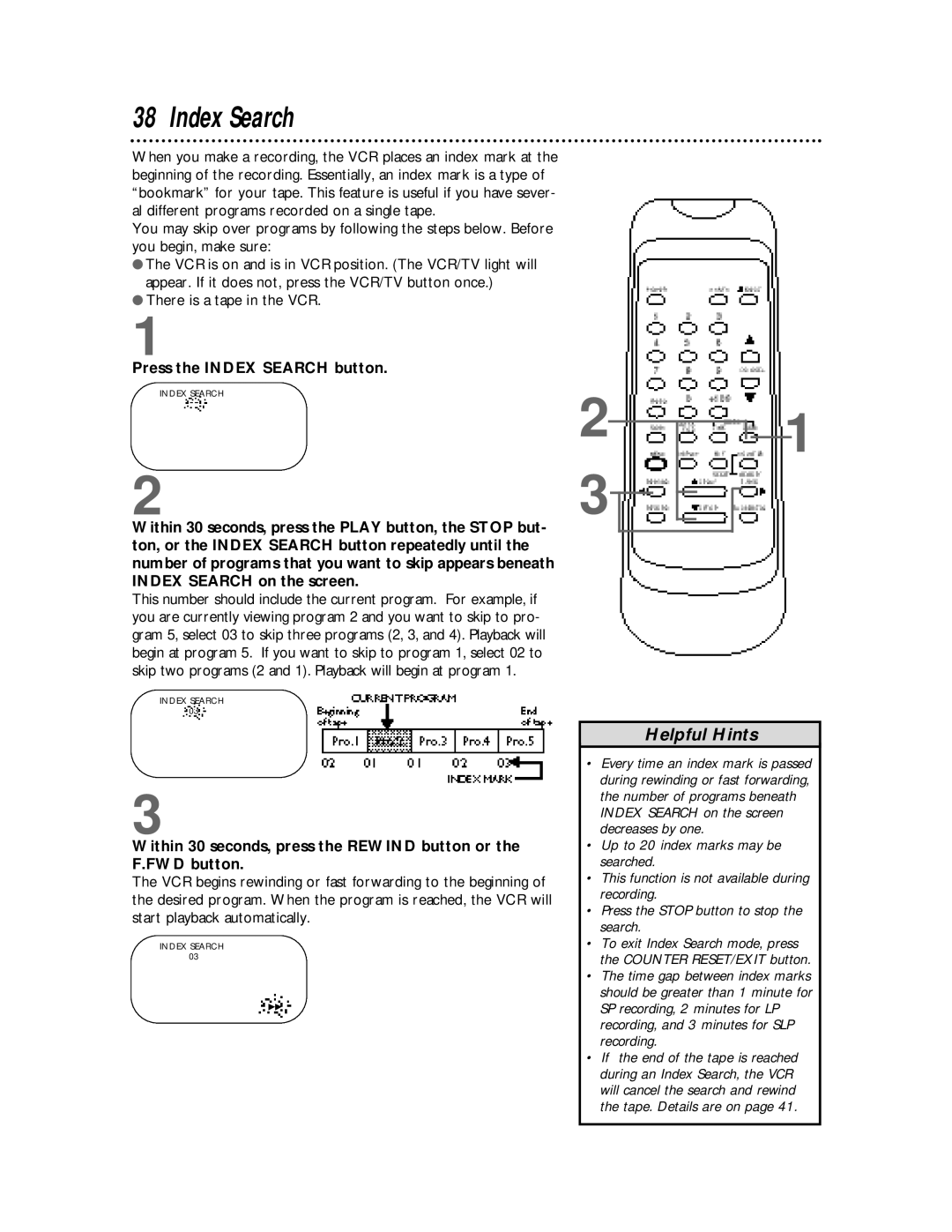 Magnavox SVB106 owner manual Press the Index Search button 