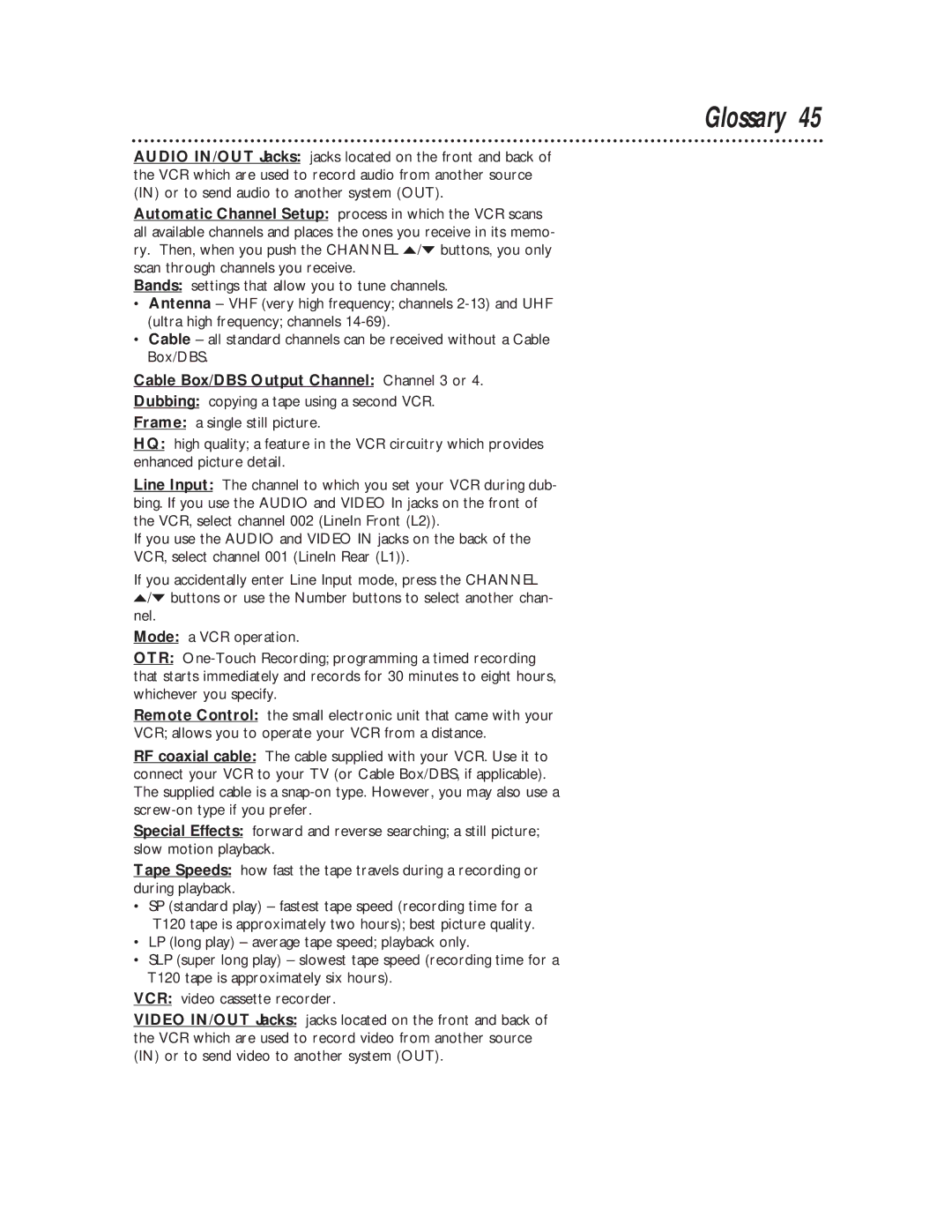 Magnavox SVB106 owner manual Glossary, Cable Box/DBS Output Channel Channel 3 or 