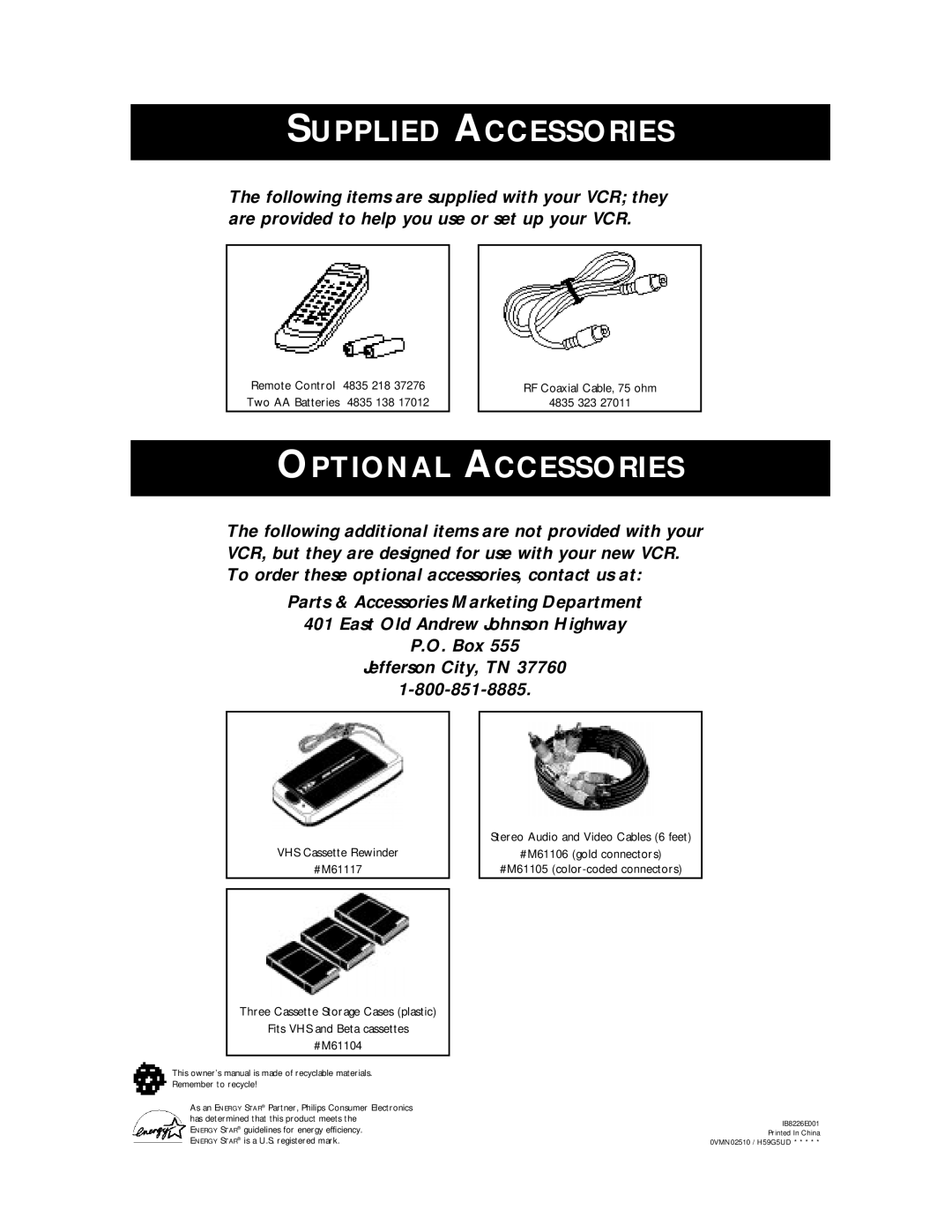 Magnavox SVB106 owner manual Supplied Accessories 