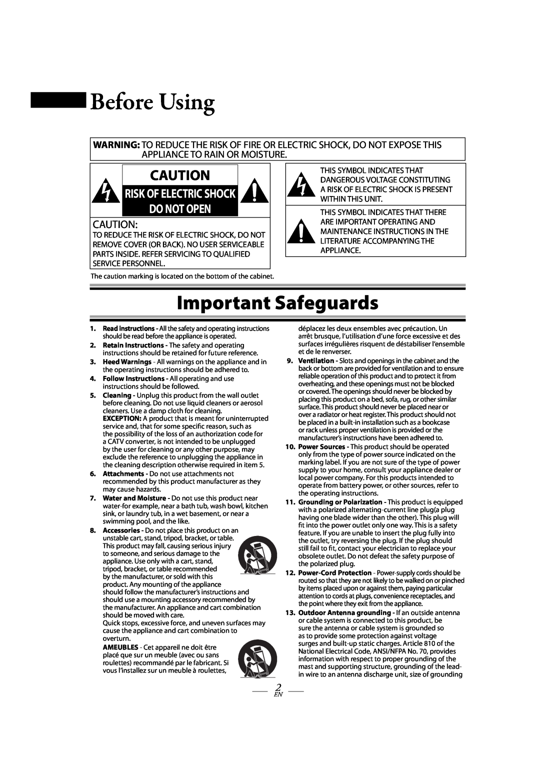 Magnavox TB100MG9 owner manual Before Using, Important Safeguards, Risk Of Electric Shock Do Not Open 