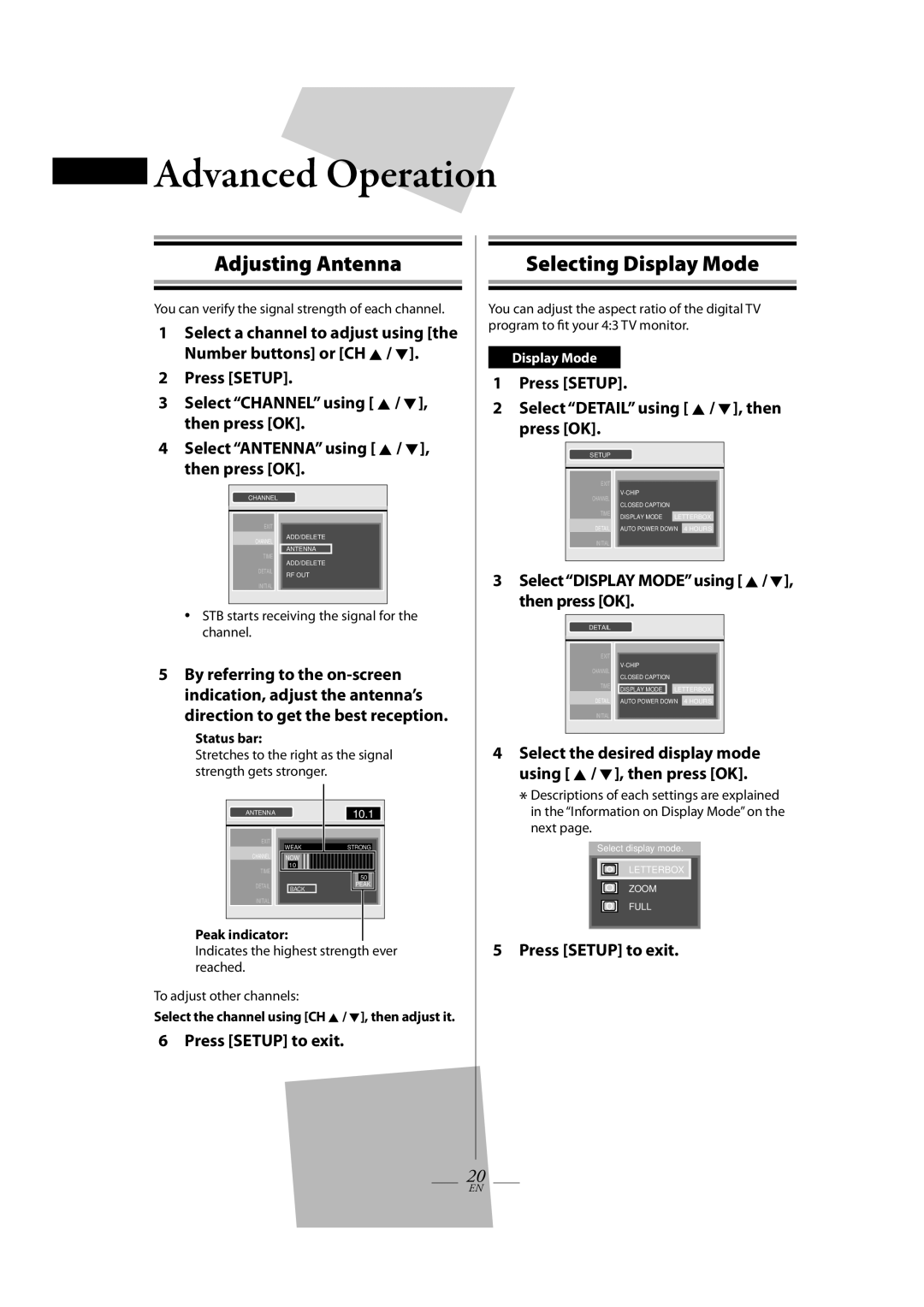 Magnavox TB100MG9 Adjusting Antenna, Selecting Display Mode, Press Setup Select Detail using K / L, then press OK 