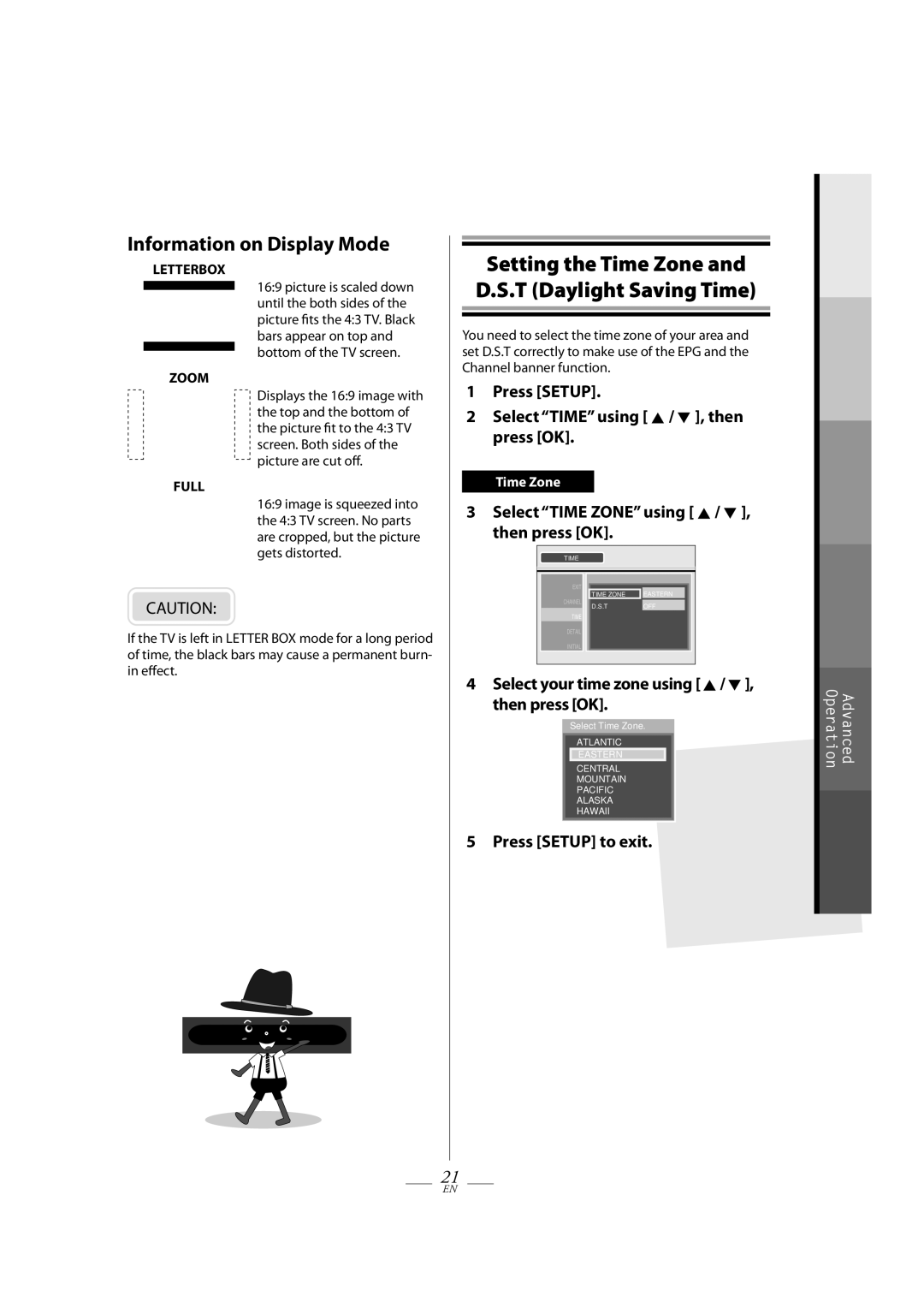 Magnavox TB100MG9 owner manual Information on Display Mode, Setting the Time Zone and D.S.T Daylight Saving Time 