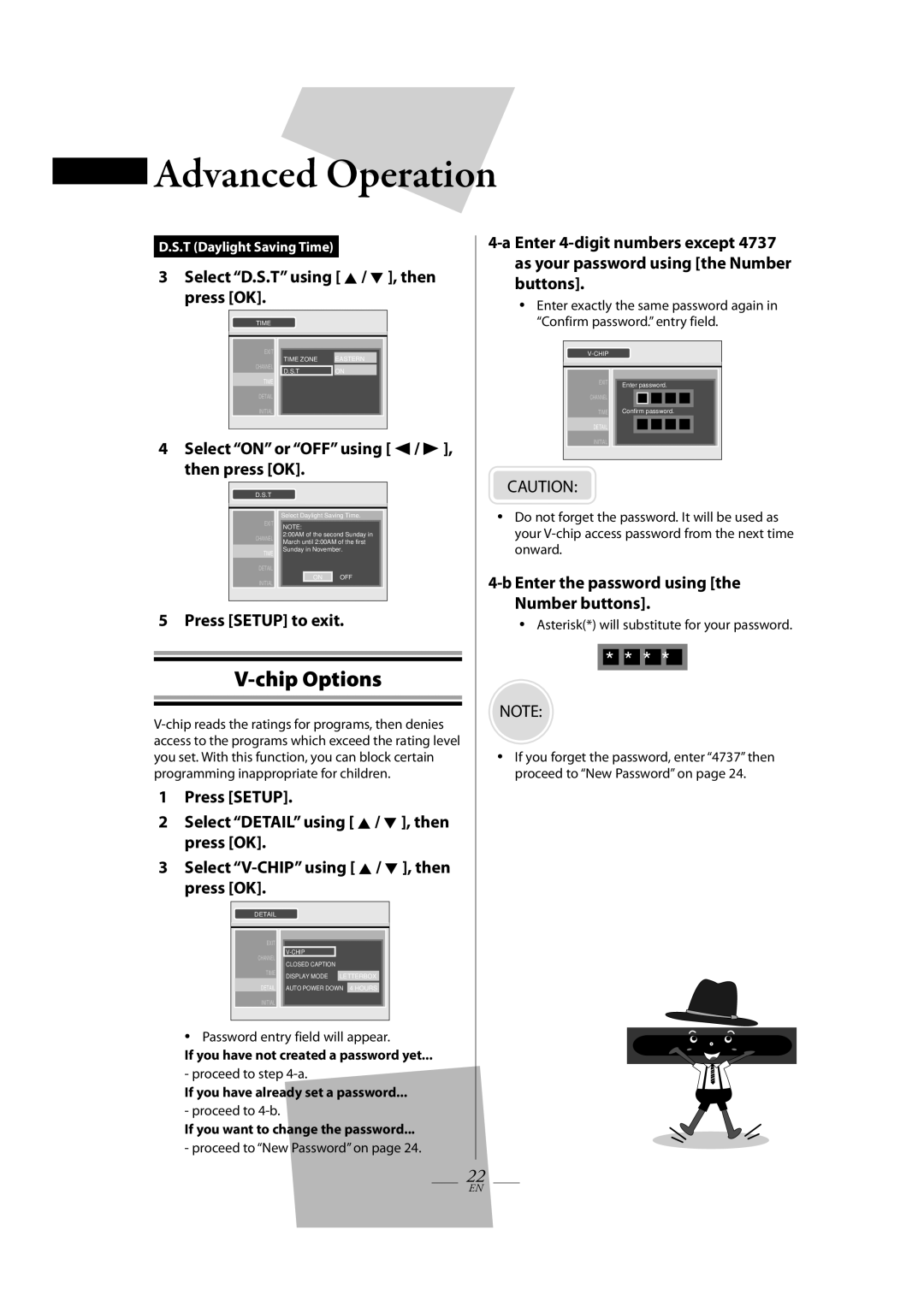 Magnavox TB100MG9 Chip Options, Select D.S.T using K / L , then press OK, Select on or OFF using s / B , then press OK 