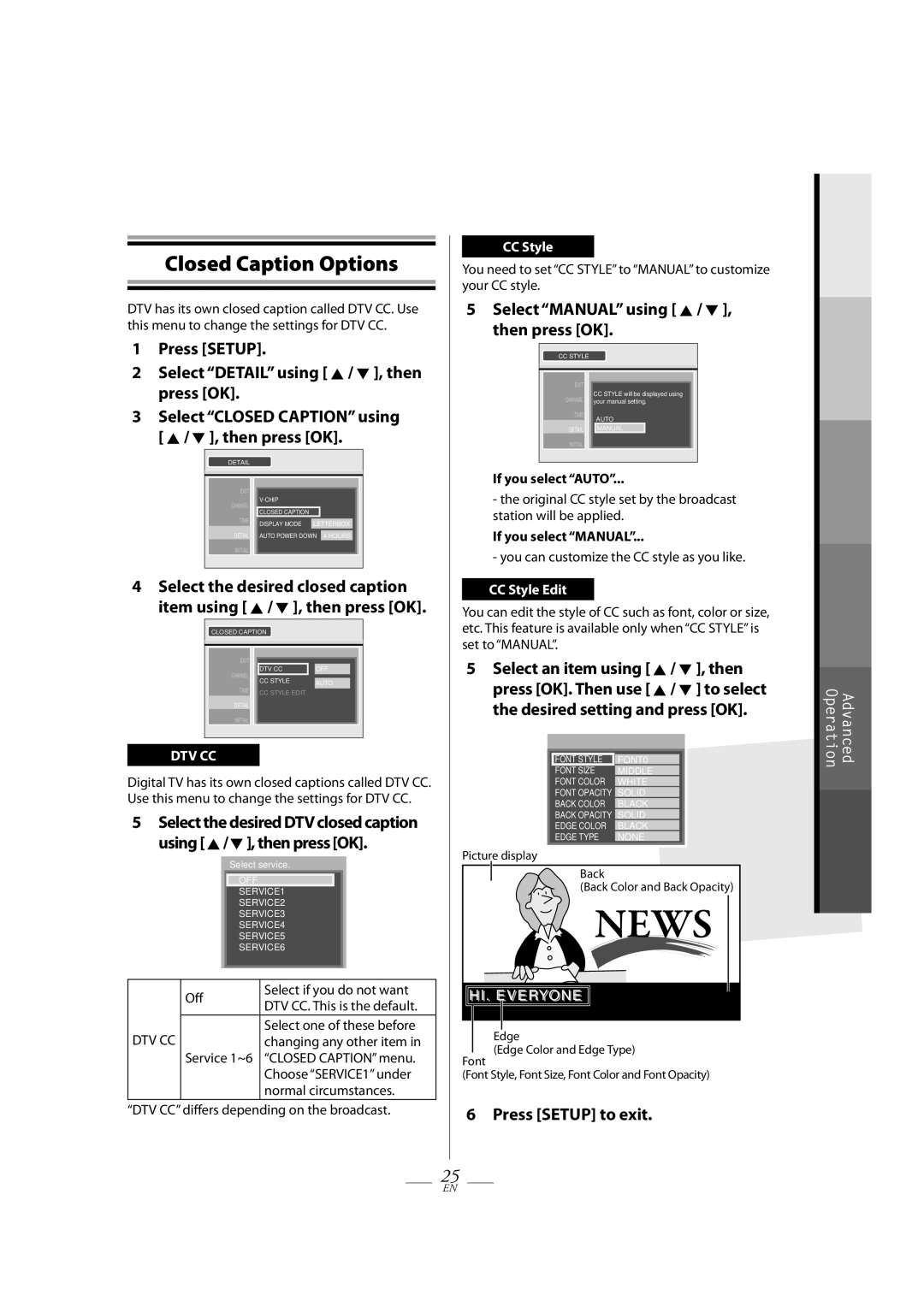 Magnavox TB100MG9 owner manual Closed Caption Options, Press Setup Select Detail using K / L , then press OK 