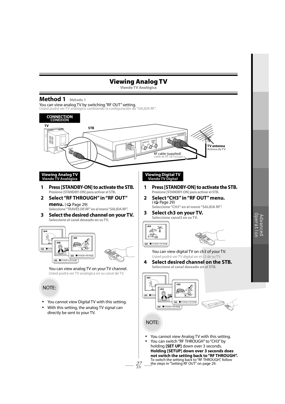 Magnavox TB100MG9 owner manual Viewing Analog TV, Method 1 Método, Select CH3 in RF OUT menu, Select ch3 on your TV 