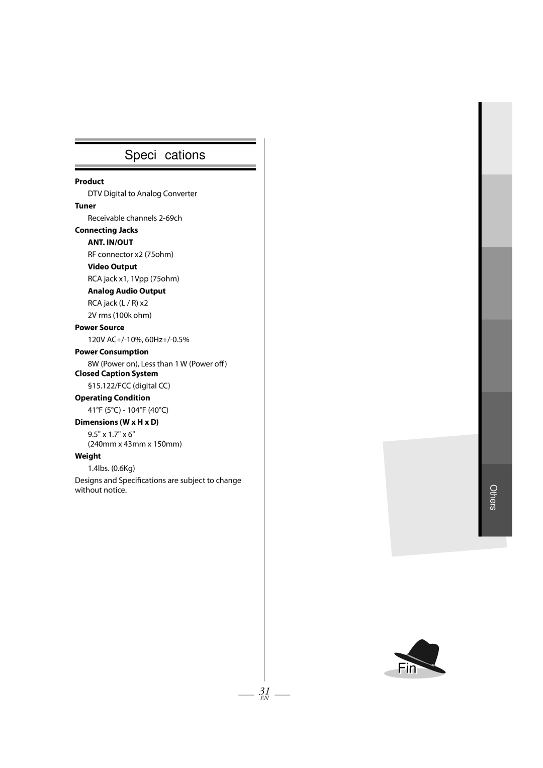 Magnavox TB100MG9 owner manual Specifications 