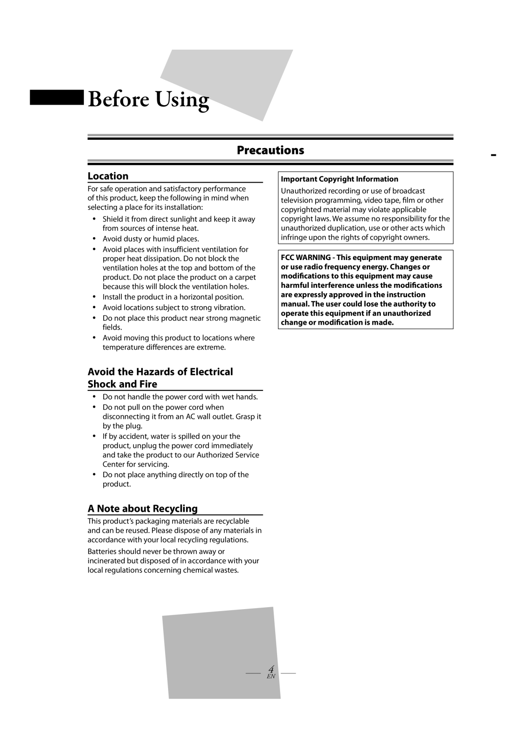 Magnavox TB100MG9 owner manual Precautions, Important Copyright Information 