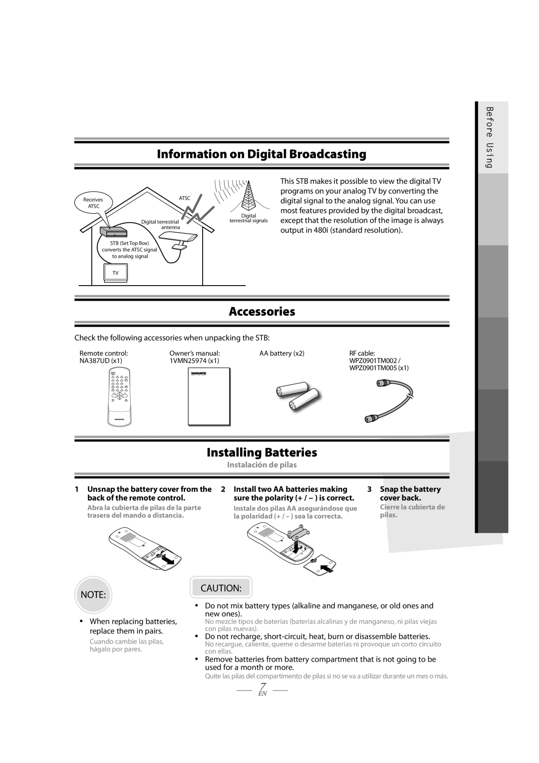 Magnavox TB100MG9 owner manual Information on Digital Broadcasting, Accessories, Installing Batteries 