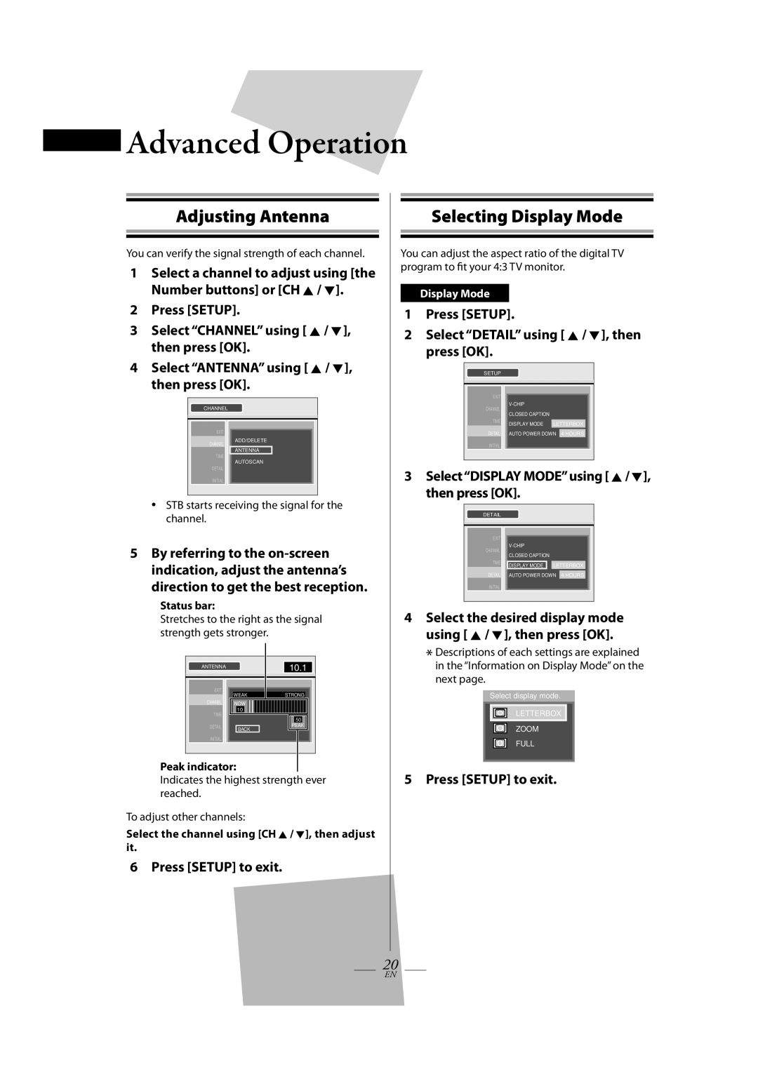 Magnavox TB100MW9 Adjusting Antenna, Selecting Display Mode, Press Setup Select Detail using K / L, then press OK 