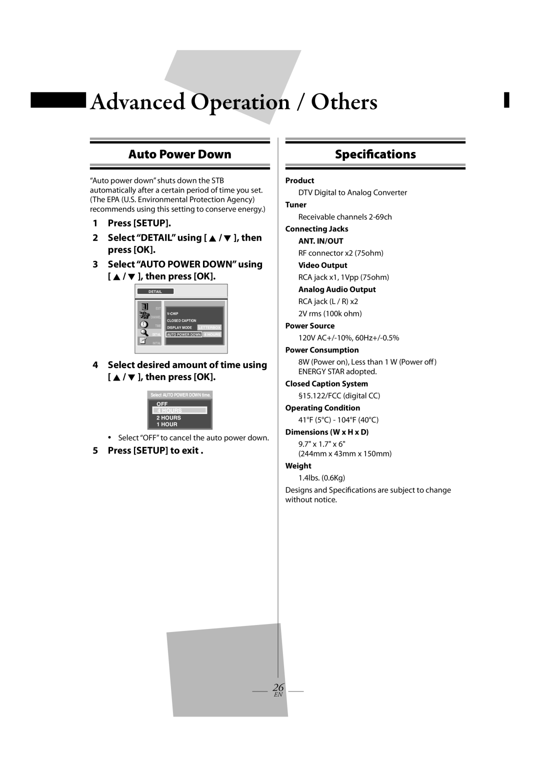 Magnavox TB100MW9 owner manual Advanced Operation / Others, Auto Power Down, Specifications 