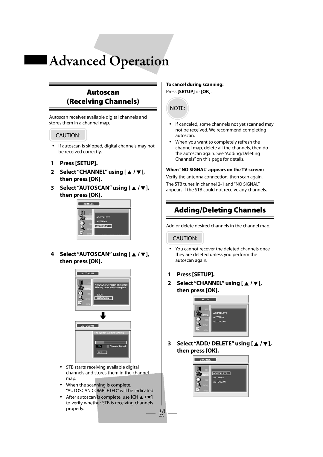 Magnavox TB100MW9A owner manual Advanced Operation, Autoscan Receiving Channels, Adding/Deleting Channels, Press Setup 