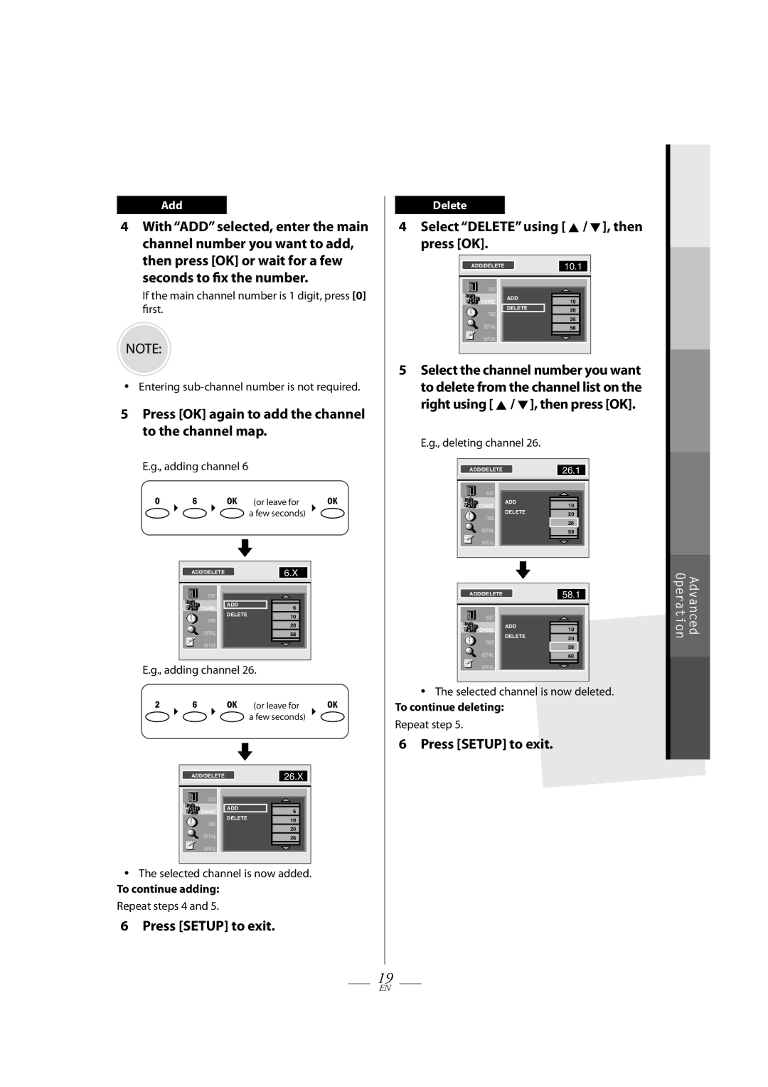 Magnavox TB100MW9A owner manual Press OK again to add the channel to the channel map, Press Setup to exit, Add, Delete 