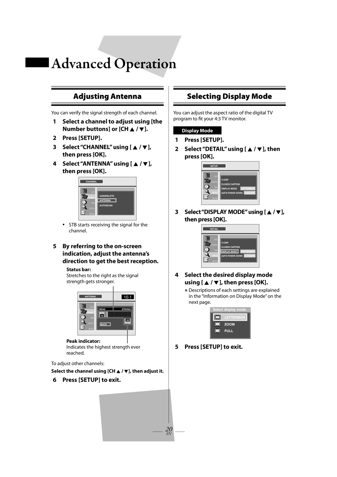 Magnavox TB100MW9A Adjusting Antenna, Selecting Display Mode, Press Setup Select Detail using K / L, then press OK 