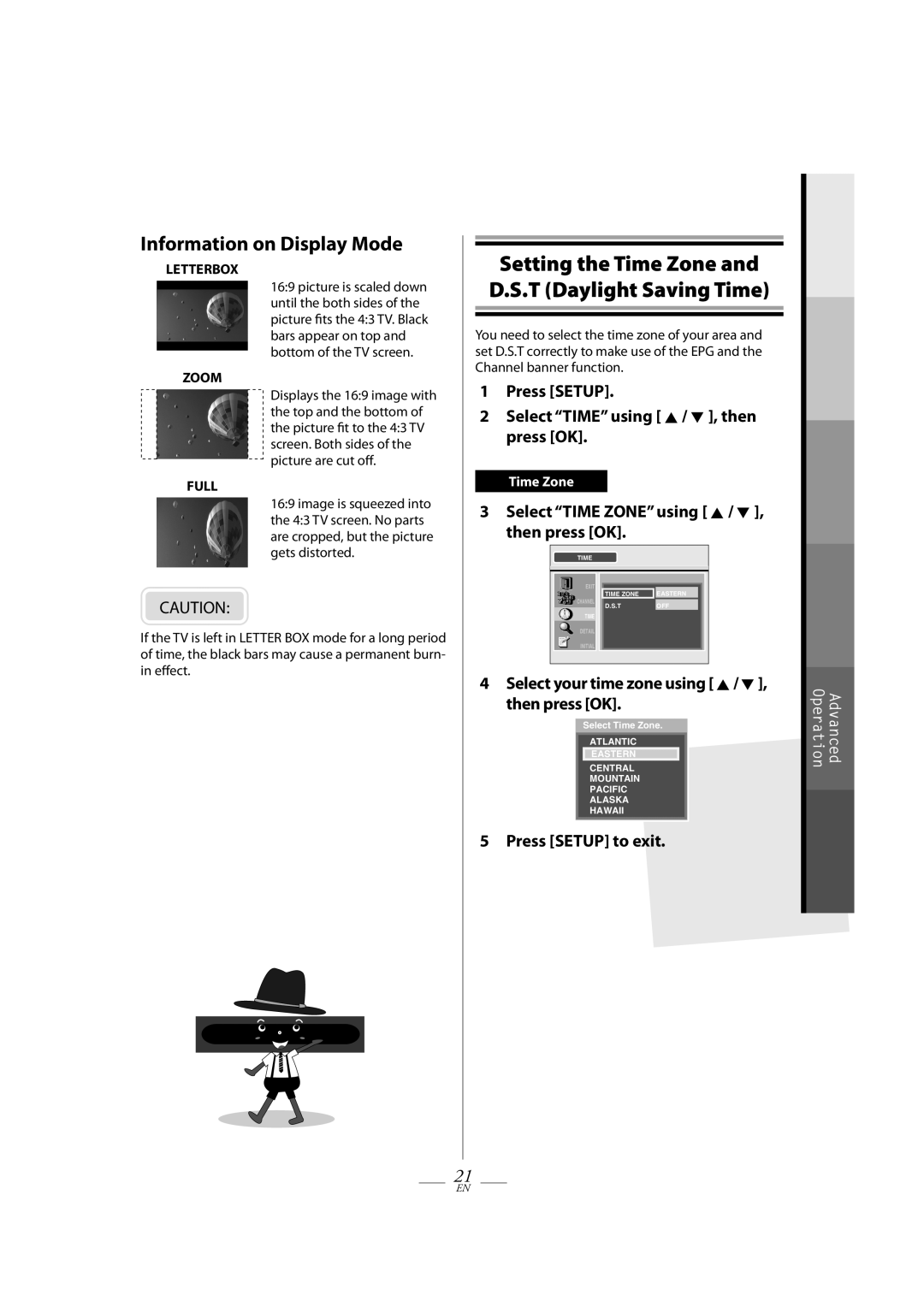 Magnavox TB100MW9A Press Setup Select Time using K / L , then press OK, Select Time Zone using K / L , then press OK 