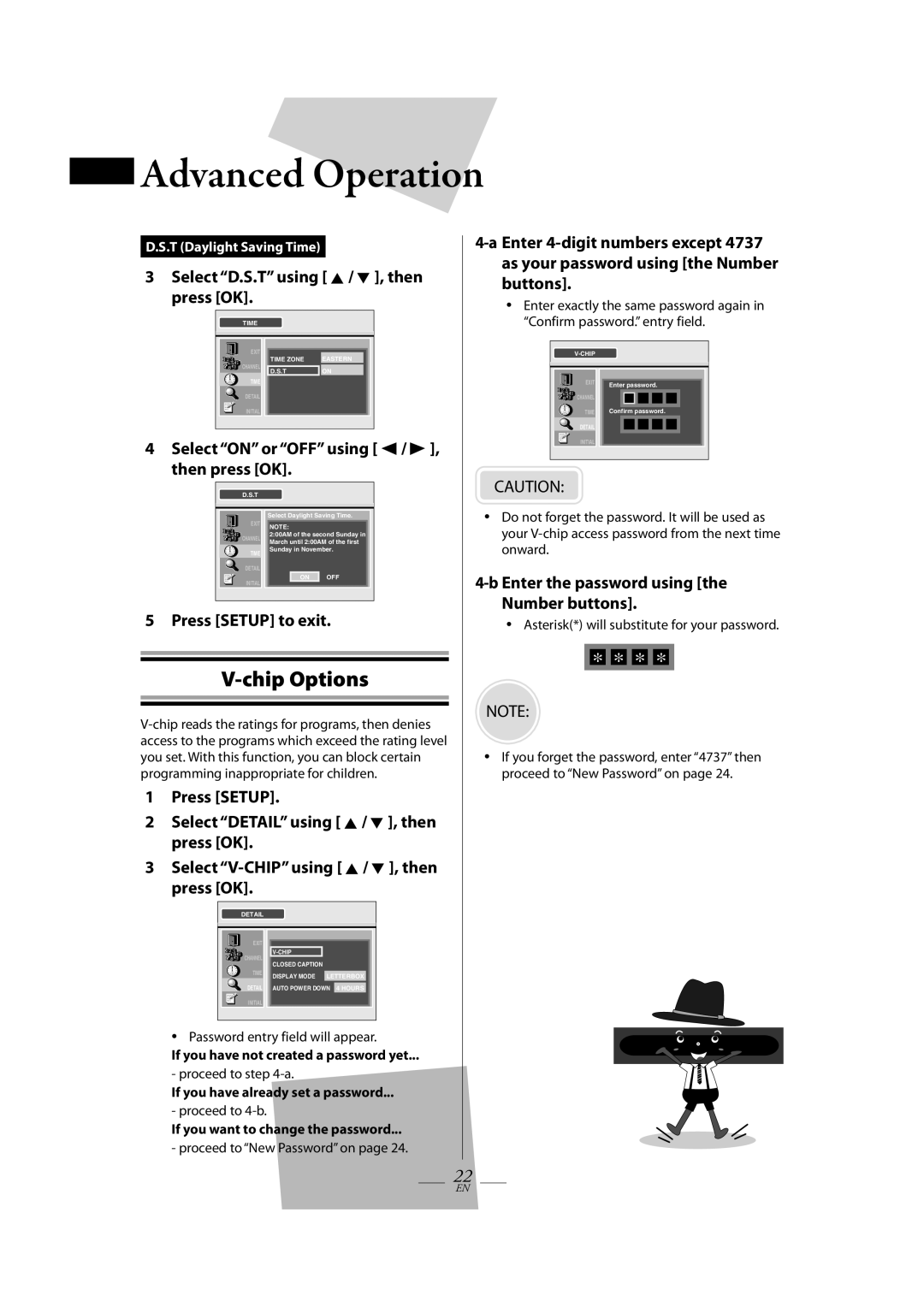 Magnavox TB100MW9A Chip Options, Select D.S.T using K / L , then press OK, Select on or OFF using s / B , then press OK 