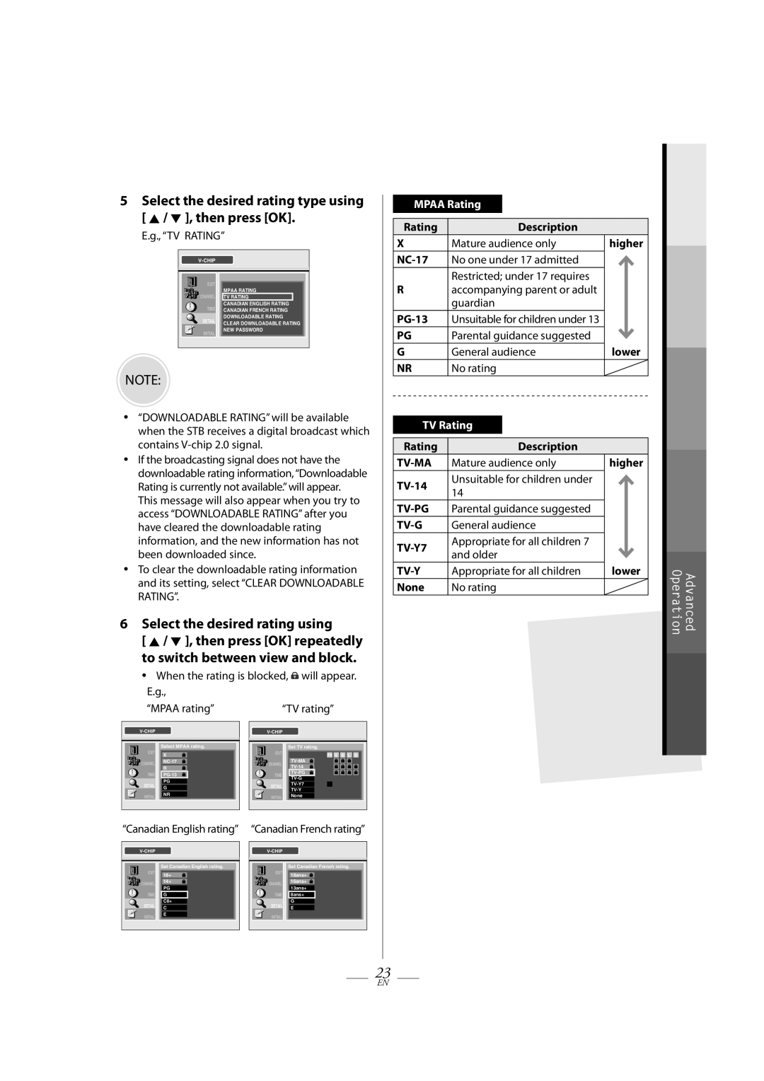 Magnavox TB100MW9A Select the desired rating type using K / L , then press OK, Select the desired rating using, TV Rating 