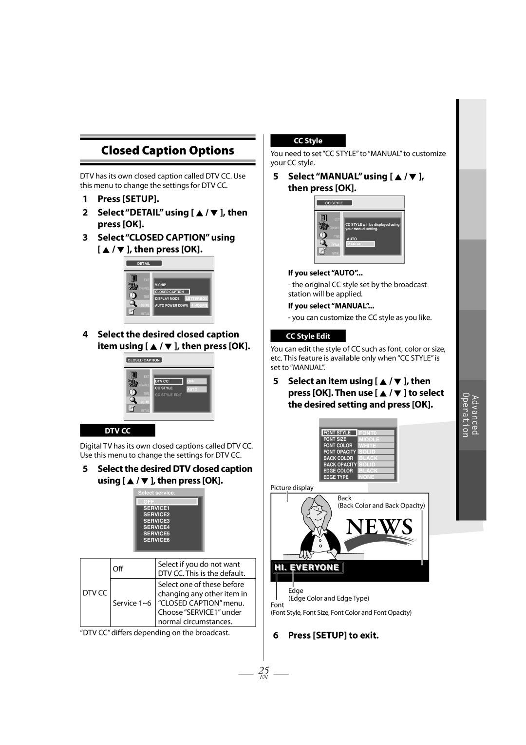 Magnavox TB100MW9A owner manual Closed Caption Options, Press Setup Select Detail using K / L , then press OK 