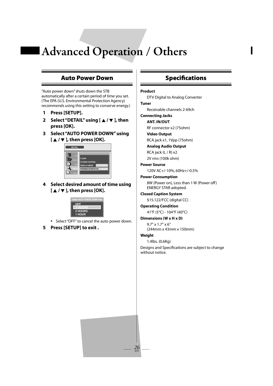 Magnavox TB100MW9A owner manual Advanced Operation / Others, Auto Power Down, Specifications 