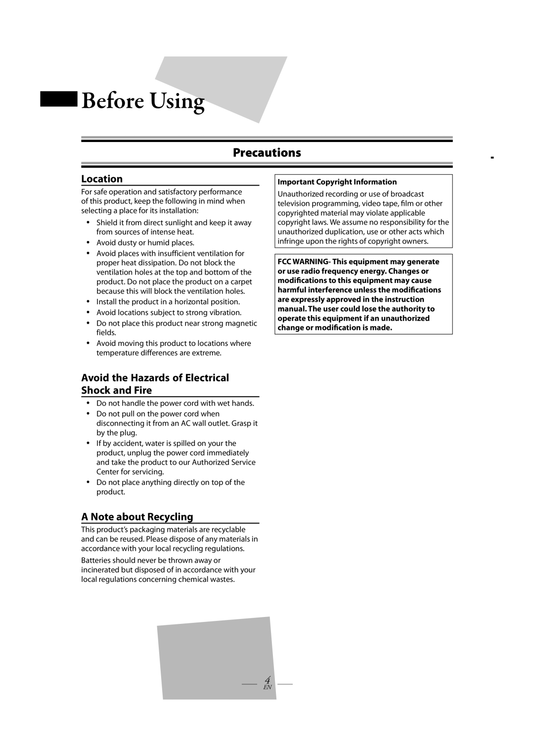 Magnavox TB100MW9A owner manual Precautions, Important Copyright Information 