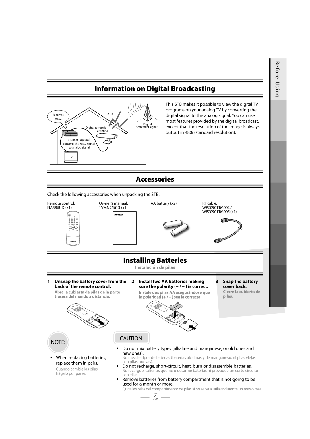 Magnavox TB100MW9A owner manual Information on Digital Broadcasting, Accessories, Installing Batteries 