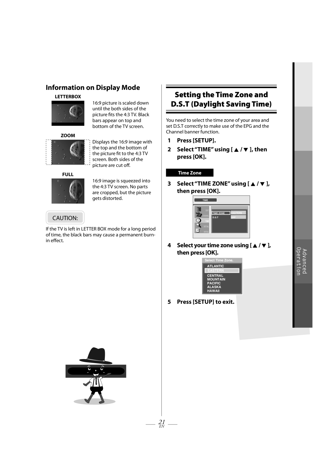 Magnavox TB110MW9 Information on Display Mode, Setting the Time Zone and D.S.T Daylight Saving Time, Letterbox, Zoom, Full 