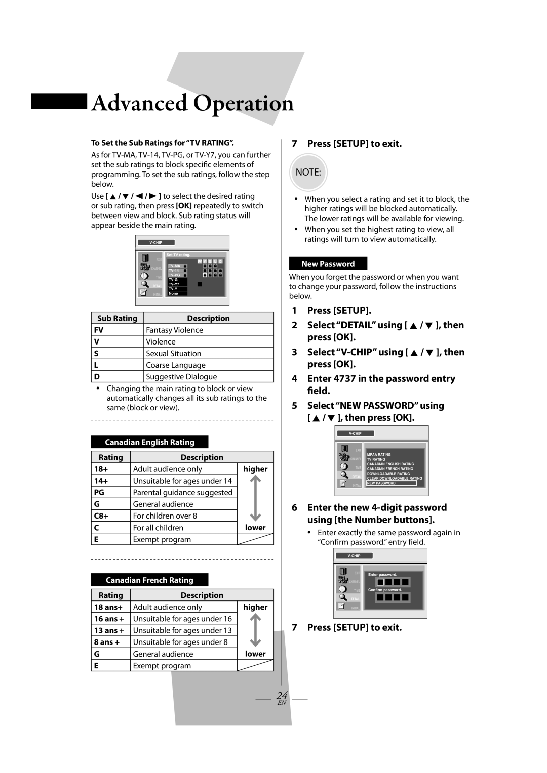 Magnavox TB110MW9 Press SETUP to exit, Enter 4737 in the password entry field, To Set the Sub Ratings for “TV RATING” 