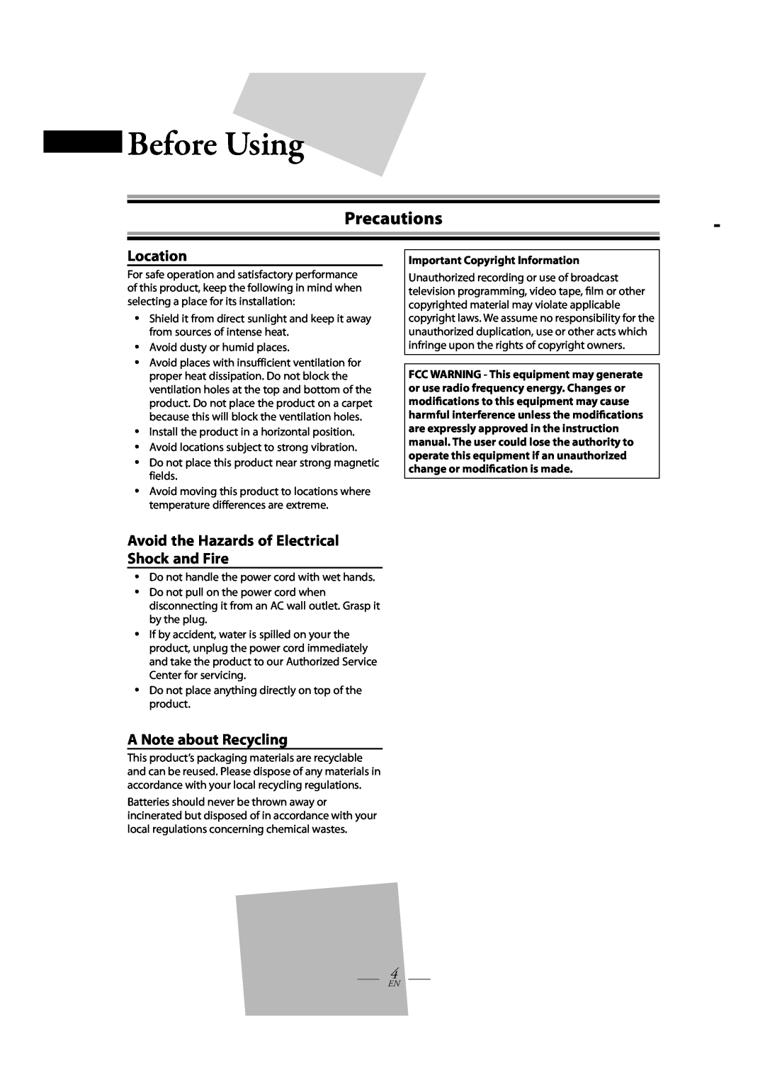 Magnavox TB110MW9 Precautions, Location, Avoid the Hazards of Electrical Shock and Fire, A Note about Recycling 