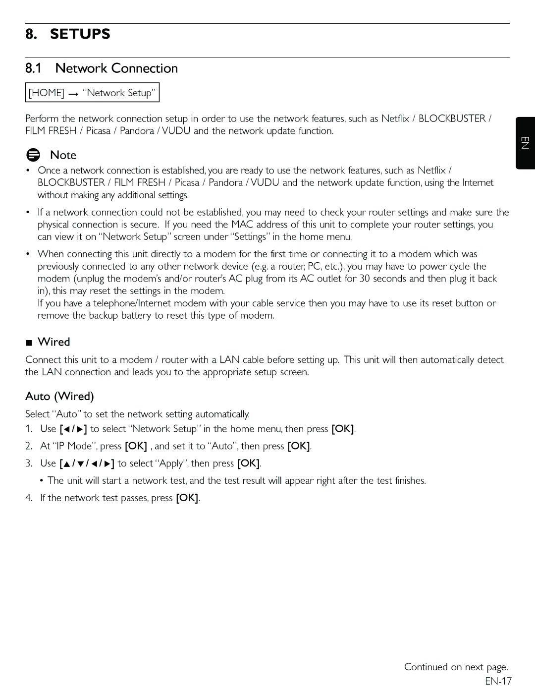 Magnavox TB600MG2F owner manual Setups, Network Connection, Auto Wired 