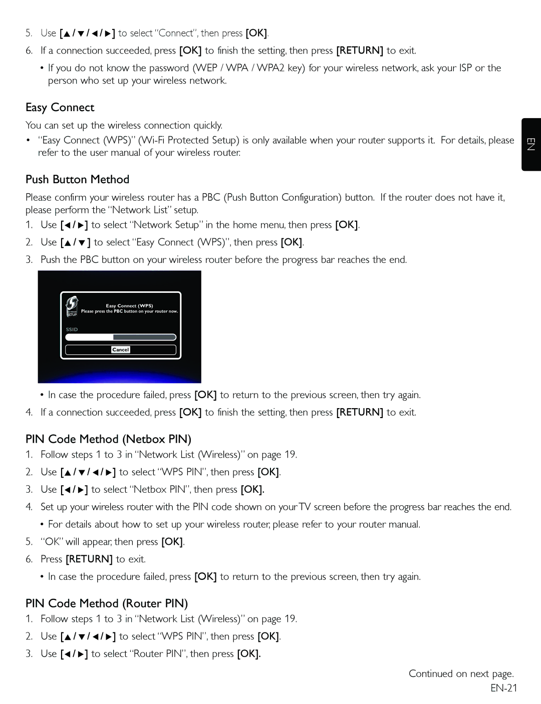 Magnavox TB600MG2F owner manual Easy Connect, Push Button Method, PIN Code Method Netbox PIN, PIN Code Method Router PIN 