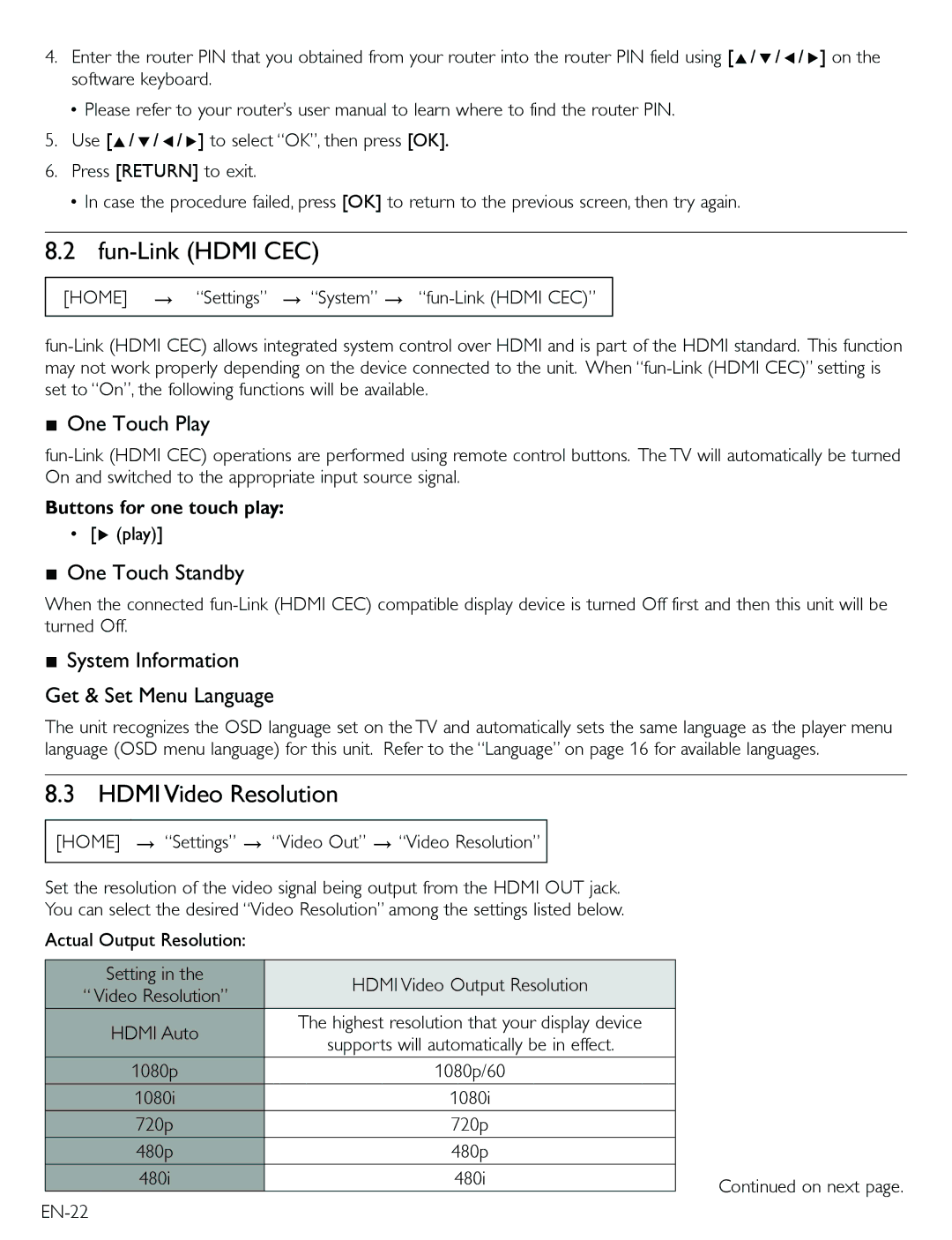 Magnavox TB600MG2F owner manual Fun-Link Hdmi CEC, Hdmi Video Resolution, One Touch Play, One Touch Standby 