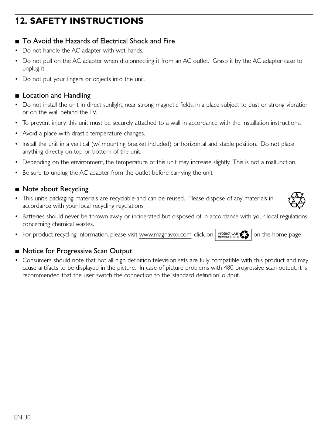 Magnavox TB600MG2F Safety Instructions, To Avoid the Hazards of Electrical Shock and Fire, Location and Handling 