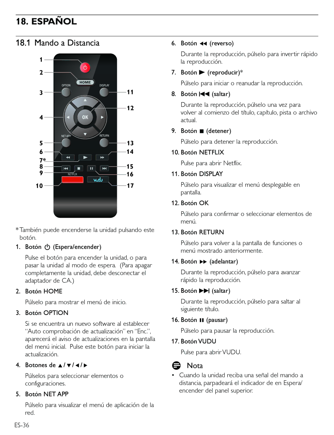 Magnavox TB600MG2F owner manual Español, Mando a Distancia, Nota 