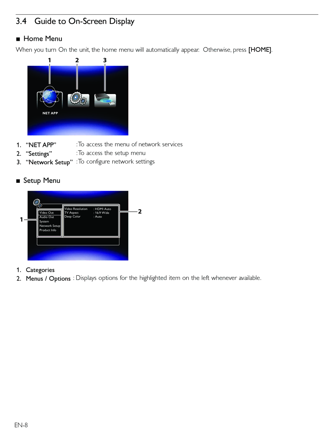 Magnavox TB600MG2F owner manual Guide to On-Screen Display, Home Menu, Setup Menu 