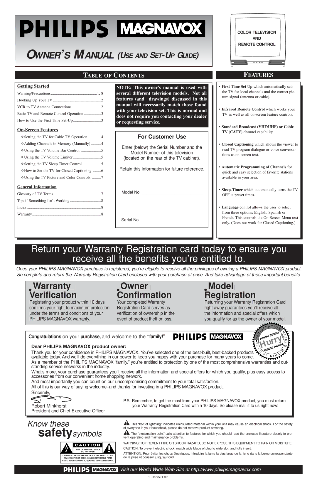 Magnavox TR2502C warranty Table of Contents, Features 