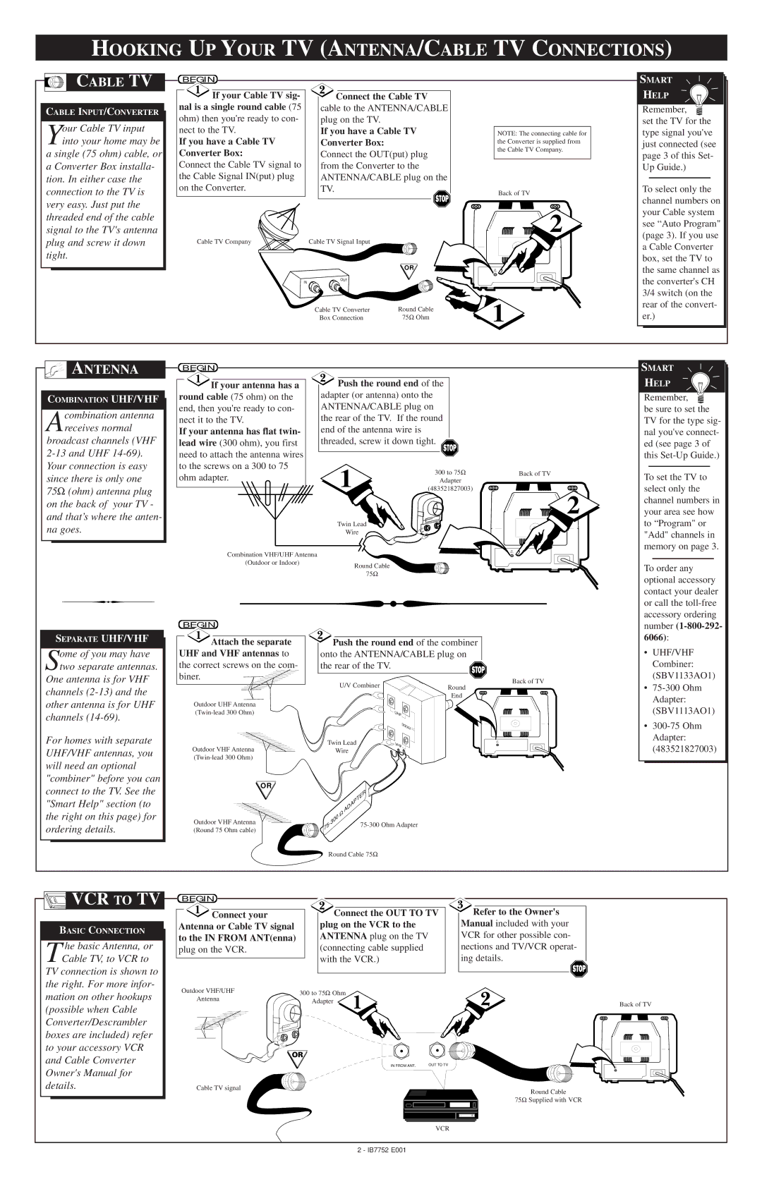 Magnavox TR2502C warranty Hooking UP Your TV ANTENNA/CABLE TV Connections, Cable TV, Antenna 