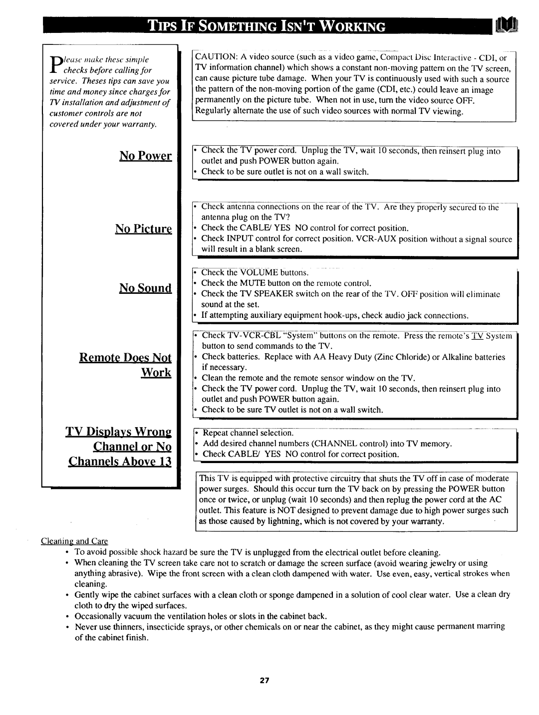 Magnavox TS 2775 owner manual Work, YES no control for correct position 