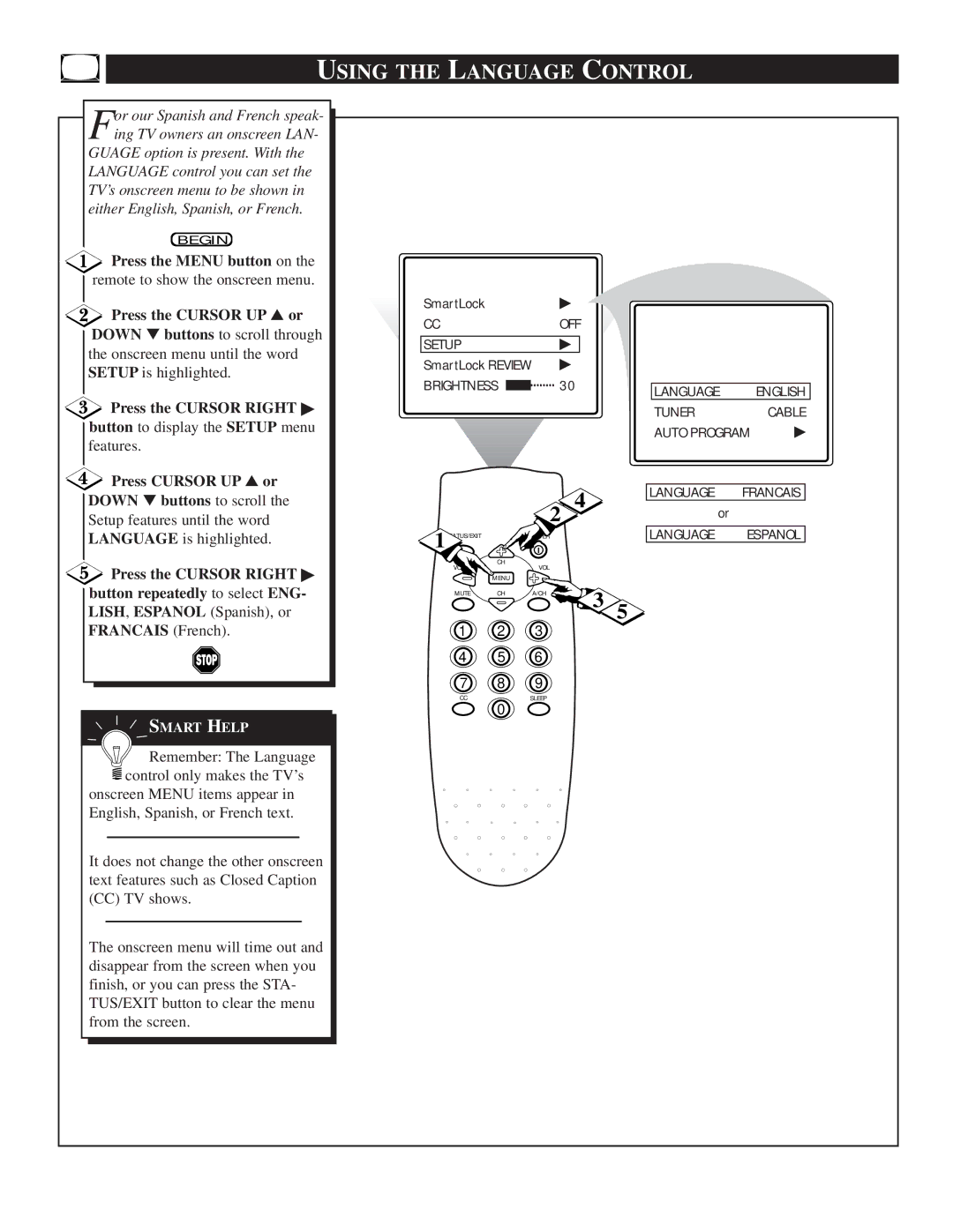 Magnavox TS2746C1 Using the Language Control, Press the Cursor Right button to display the Setup menu, Francais French 