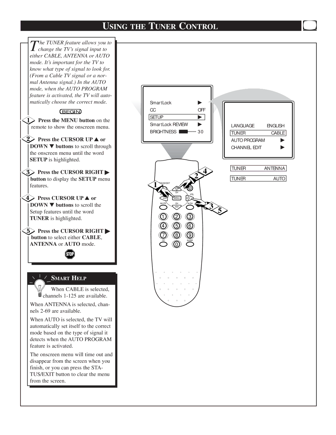 Magnavox TS2746C1 manual Using the Tuner Control, Setup is highlighted, Setup features until the word Tuner is highlighted 