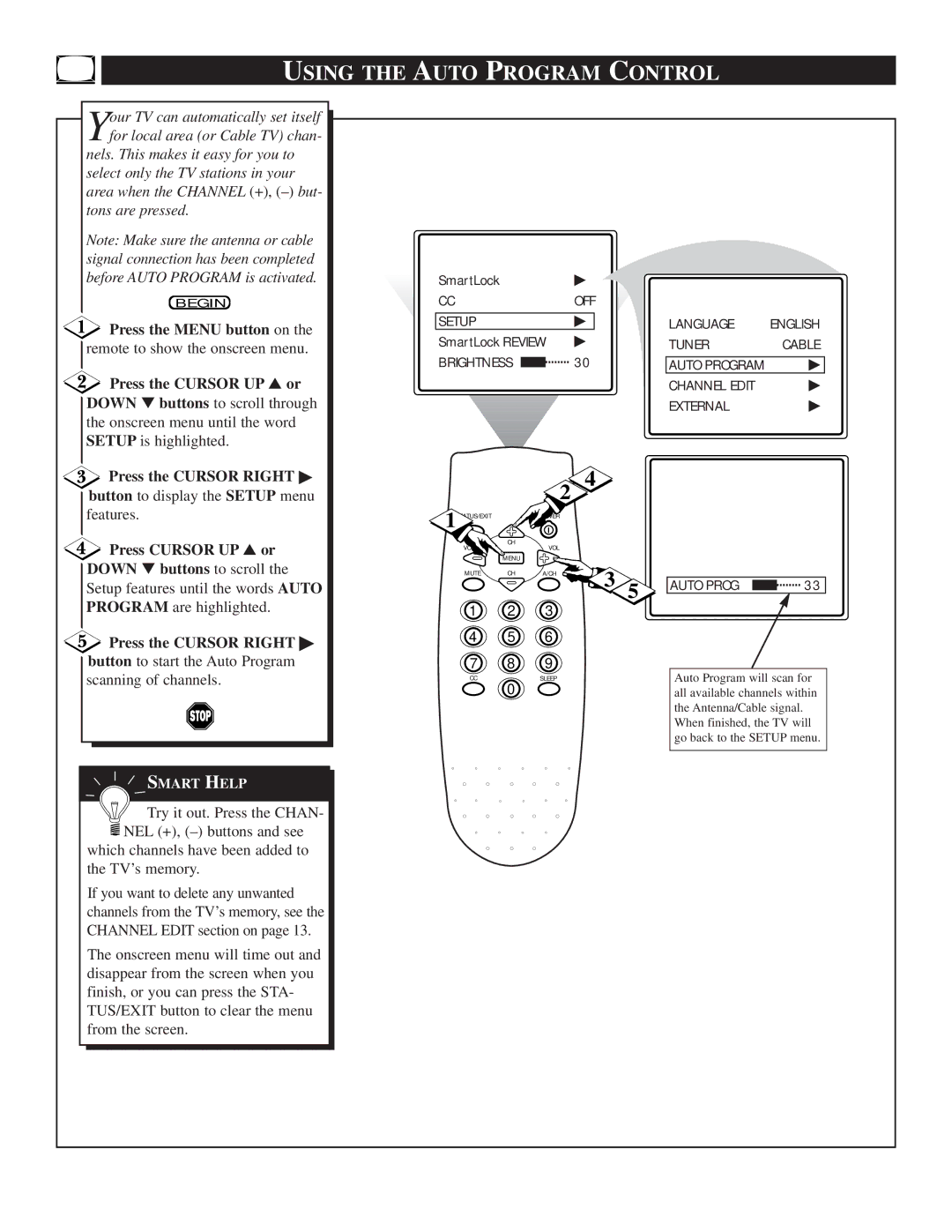 Magnavox TS2746C1 manual Using the Auto Program Control, Setup features until the words Auto Program are highlighted 