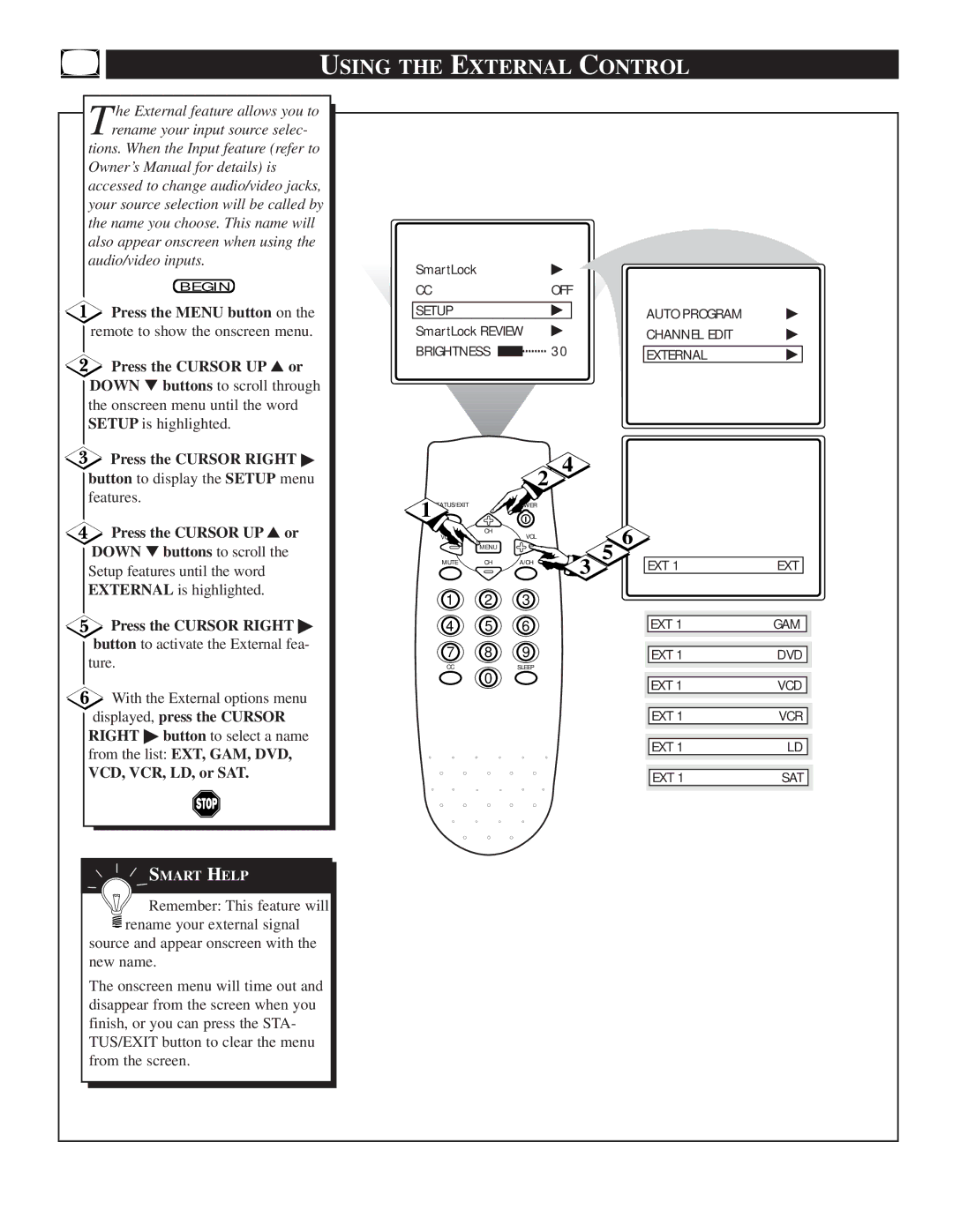 Magnavox TS2746C1 Using the External Control, Setup features until the word External is highlighted, VCD, VCR, LD, or SAT 