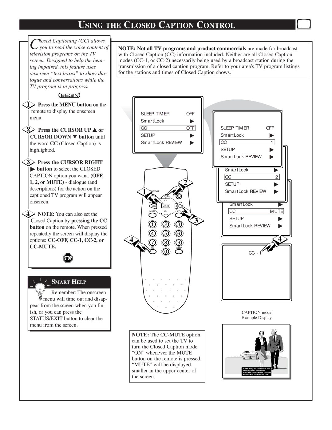 Magnavox TS2746C1 manual Using the Closed Caption Control, Press the Cursor UP or Cursor Down button until 