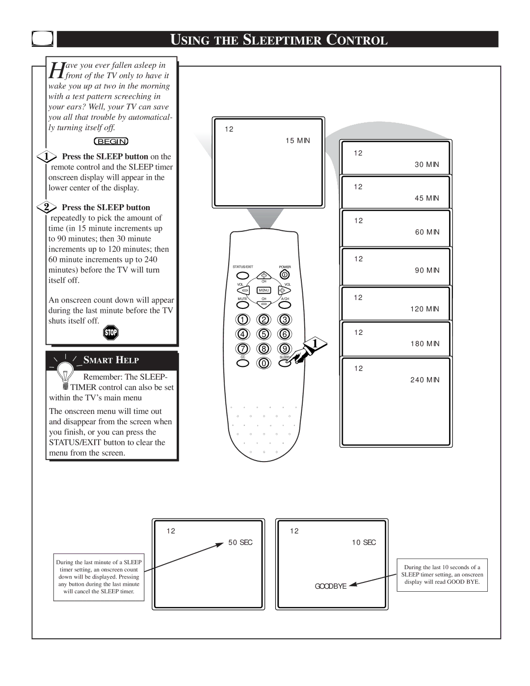 Magnavox TS2746C1 manual Using the Sleeptimer Control, 240 MIN 