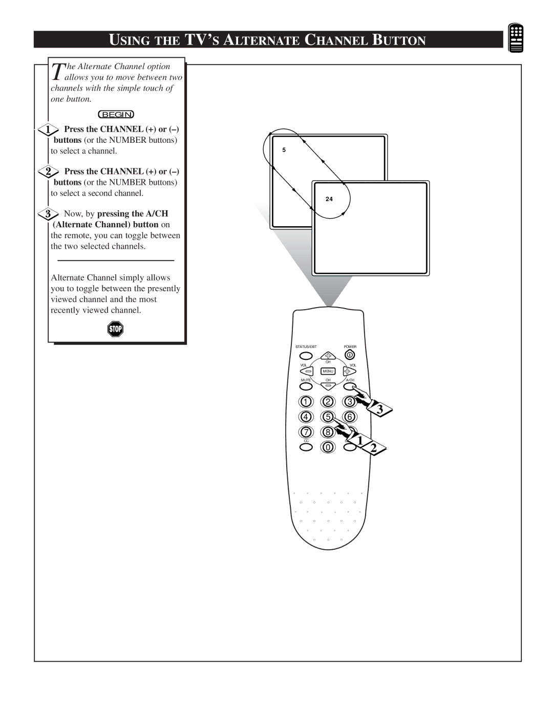 Magnavox TS2746C1 manual Using the TV’S Alternate Channel Button, Press the Channel + or 