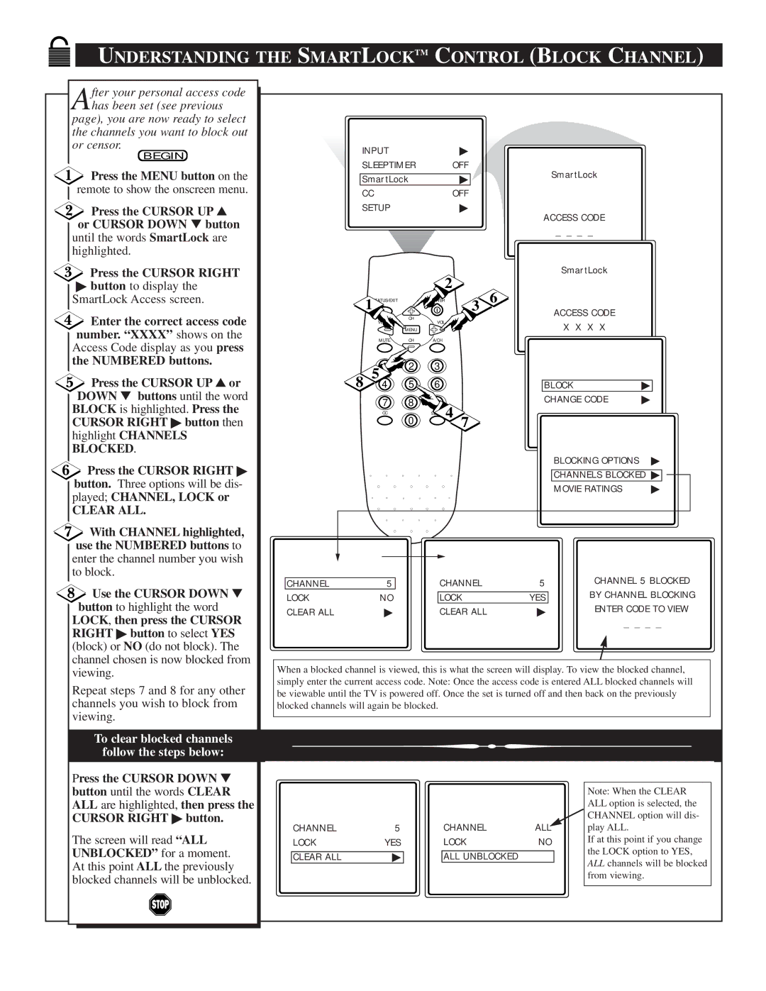 Magnavox TS2746C1 manual Understanding the Smartlocktm Control Block Channel, Press the Cursor UP or Cursor Down button 