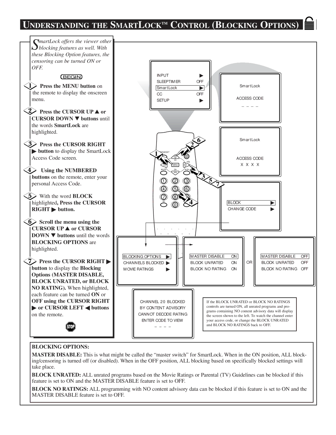 Magnavox TS2746C1 manual Understanding the Smartlocktm Control Blocking Options, Words SmartLock are highlighted 