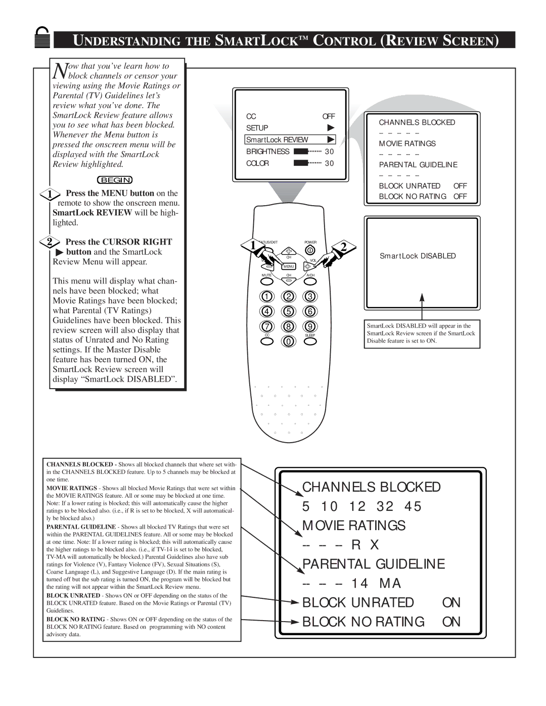 Magnavox TS2746C1 manual Understanding the Smartlocktm Control Review Screen, SmartLock Review will be high- lighted 