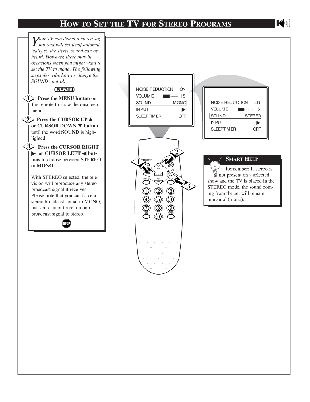 Magnavox TS2746C1 manual HOW to SET the TV for Stereo Programs, Or Cursor Left but- tons to choose between Stereo or Mono 