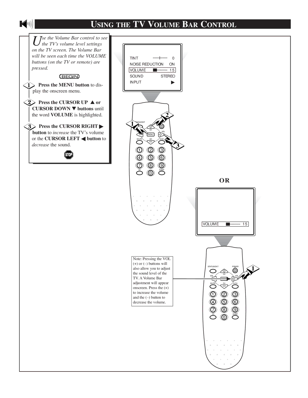 Magnavox TS2746C1 manual Using the TV Volume BAR Control, Press the Menu button to dis, Play the onscreen menu 