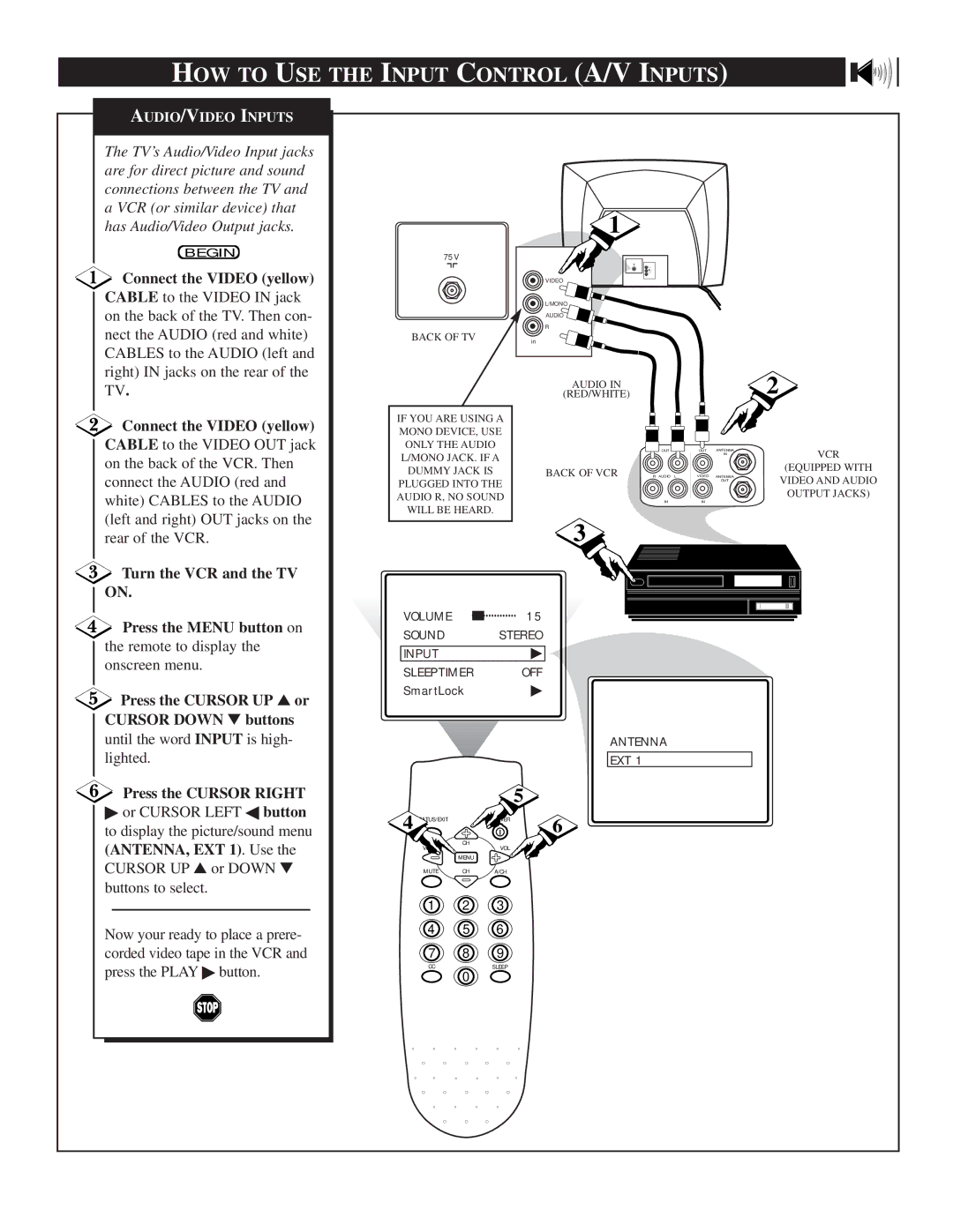 Magnavox TS2746C1 manual HOW to USE the Input Control A/V Inputs, Connect the Video yellow, Turn the VCR and the TV on 